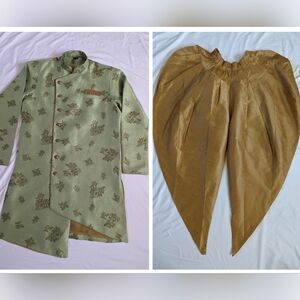 Sage Green Floral Brocade Sherwani with Gold Patiala Pants
